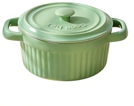 Mini Cocotte con tapa, fuente de cerámica con asas y tapa, moldes redondos con tapa para lasaña, soufflé, crema brûlée, postre, para microondas y horno (verde, S-250 ml-1 pieza)