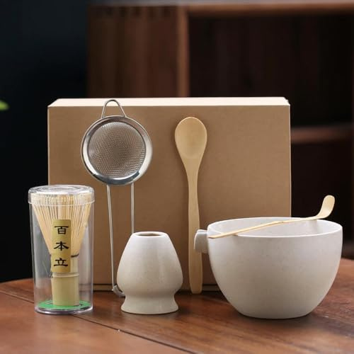 ROCILB Ensemble à Matcha Japonais 6 pièces avec Bol en céramique, Fouet à Matcha, cuillère à thé et passoire. Accessoires pour la préparation du thé.