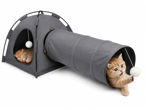 2-in-1 Cat Tunnel Tent with Removable Cooling Mat for Indoor Cats, Interactive Cat Play Tunnel with Hideaway Tent & Hanging Ball, Foldable Collapsible Cat House for Kittens and Adult Cats