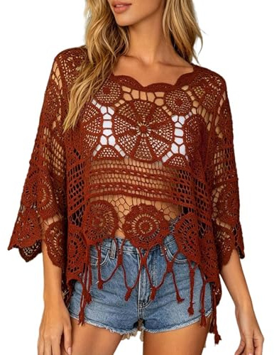 Générique Haut Crochet Femme Sexy Hollow Out Col Rond Manches Courtes Tricot Pull Décontracté Léger Respirant D'été Pull Femme Grande Taille Ample Sweat pour la Plage, Vacances, Quotidien