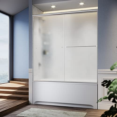 SUNNY SHOWER 60 W x 57.4 H Semi-Frameless Shower Door Frosted Glass Sliding Bathtub Door,Chrome Finish
