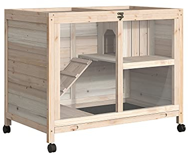 PawHut Cage à Lapin sur roulettes 2 Étages 91,5 x 53,3 x 73 cm Bois Naturel