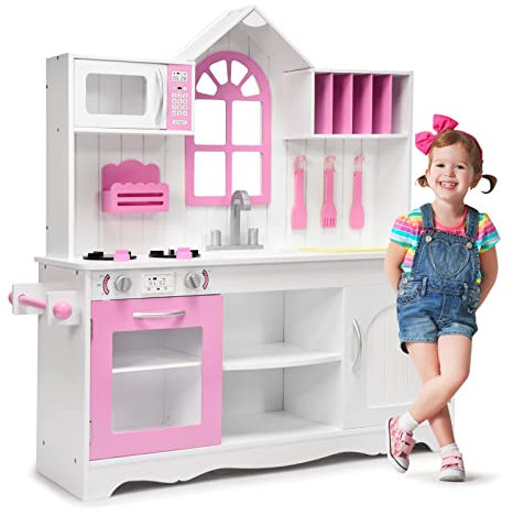 GOPLUS Cocina Juguete Infantil con Accesorios, Juguete de Imitación de Chef con Horno Microondas y Cocina de Gas, Cocinitas de Juguetes, Regalo para Niños de 3+ Años, 106,5 x 32 x 109 CM