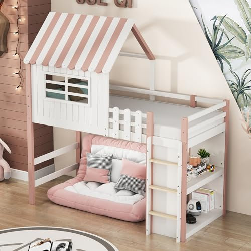 MYBOO Platzsparendes Etagenbett 90x200 cm für Kinder, Hochbett Hausbett mit Sicherheitsleiter und Ablagefach, Kinderbett mit Absturzsicherung und Lattenrost, Bettgestell aus Stabil Massivholz, Rosa