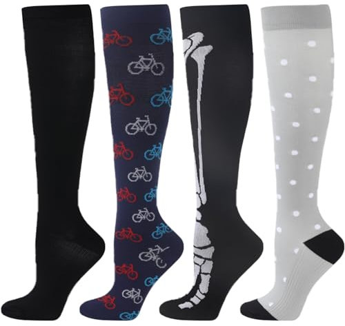 BISOUSOX 15-20 mmHg Kniehohe Kompressionsstrümpfe Damen Herren 4 Paare Sport Laufen Kompressionsstrümpfe Stützkniestrümpfe Damen Fashion Fahrradsocken Geschenk für Männer Frauen Schwangerschaft