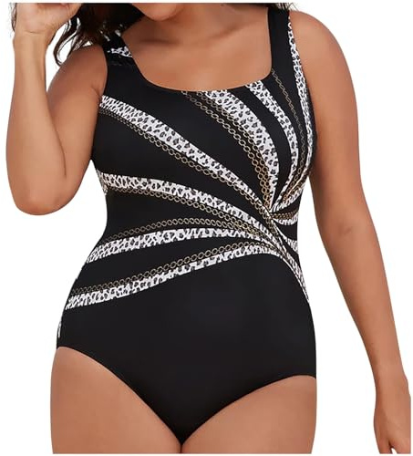 Plus Size Swimsuit for Women UK Clearance,Tummy Control Swimsuits Ladies Swimming Costume One Piece Beachwear Scoop Neck Monokini Modest Swimwear Oversized Bathing Suit Printed Swim Suits L-5XL