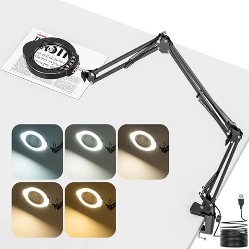 Jubor Improved Magnifying Glass with Light and Stand, 15X 10X Magnifying Lamp with Clamp and 3 Swivel Arms, Desk Magnifier Lamp with 5 Colour Modes and 10 Brightness for Hobby Crafts, Reading, Repair