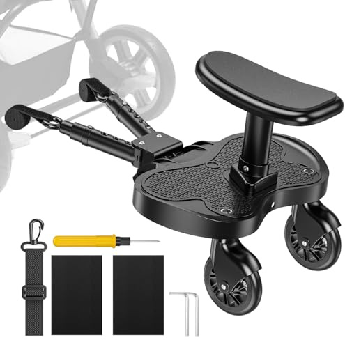 BugyKido Buggy Board mit Sitz, Trittbrett für Kinderwagen Universal für Kinder von 2-6 Jahren, Trittbrett Kinderwagenzubehör max. Belastung von 25kg, schwarze Räder