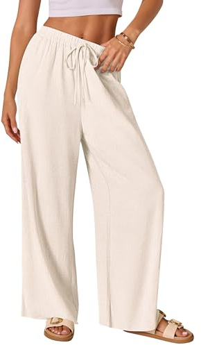 AISEW Women's Cotton Linen Palazzo Pants Drawstring Elastic Waist Casual Wide Leg Long Lounge Trousers with Pockets (Beige, 7031M)