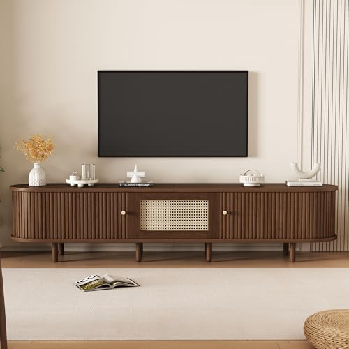 Merax TV Cabinet Modern Wooden TV Media Console Sideboard for 70 Inch TV,1 Rattan Drawer, 2 Sliding Doors & Open Shelf,Oak Effect MDF TV Furniture for Living Room Bedroom, 180×40×40cm
