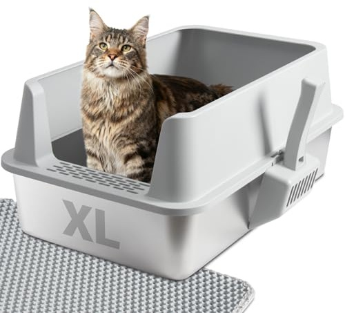 Stainless Steel Cat Litter Box with Lid, Large Metal Litter Box Stainless Steel with Mat & Scoop, Odor-Free/Anti-Leakage & Non-Stick/Easy Clean, High-Sided Litter Box for Multiple Big Cats(XL/Grey)