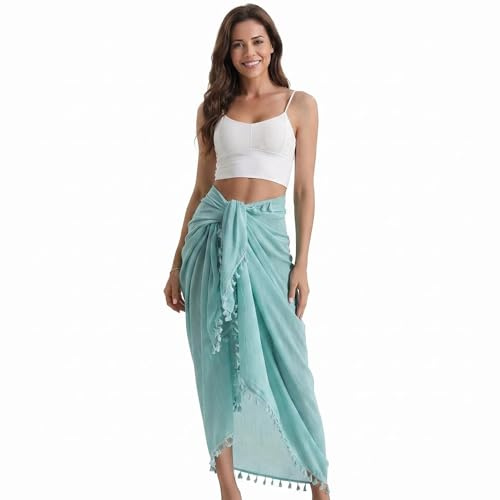 Falafoty Beach Sarong for Women Swimwear Bikini Cover Up, Tassel Wrap Sarong Pareo Long Sheer Beach Bathing Suit Summer Sexy Wrap Skirt Swim Sarong Dress Large Beach Scarf Shawl for Holiday