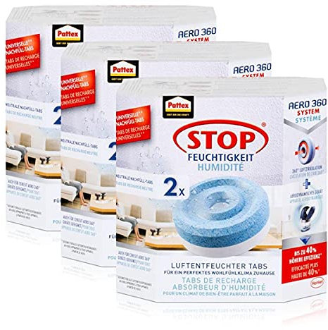 Pattex Stop Feuchtigkeit Aero 360° Luftentfeuchter Nachfüllpack 2x450g Neutral-Tabs - Effiziente 360° Luftzirkulation, Weiße Laschen, Dauermodus, Zuhause