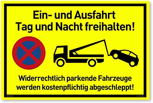 Einfahrt Freihalten Schilder (30x20 cm Kunststoff) - Ausfahrt freihalten Schild - Nie wieder zugeparkt - Auch Gegenüber - (Neongelb) - Hier wird abgeschleppt