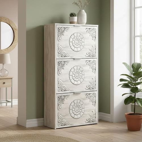 Dmora - Escondido étagère à chaussures, armoire à chaussures avec 3 portes pliantes, armoire double capacité pouvant accueillir jusqu'à 18 paires de chaussures, 60x22h113 cm, blanc antique