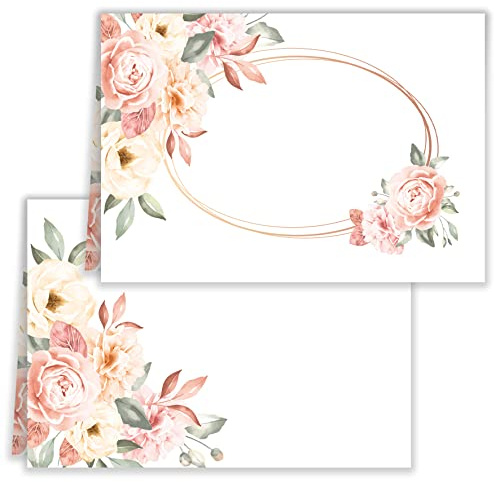 E&G Klasse Tischkarten Namenskarten 25 Stück zum beschriften Blanko Tischkärtchen Hochzeit Geburtstag Kommunion Konfirmation Firmung Taufe Feier Jubiläum vintage Weiß Rosen Blumen mit Gold