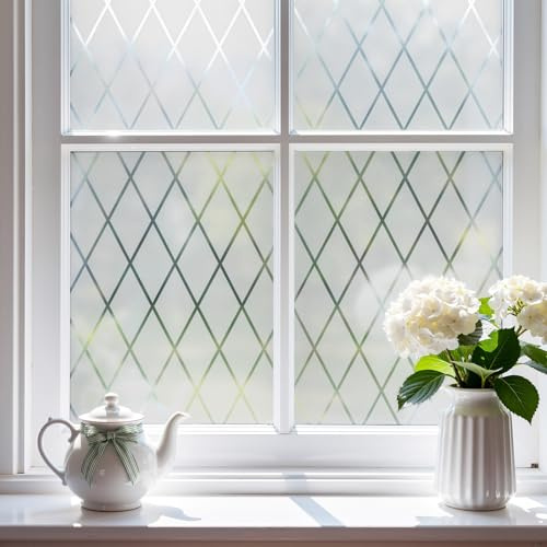 FEOMOS Frosted Lattice Window Film, Window Privacy Film, Decorative Window Cling Non Adhesive, Frosted Glass Film for Windows Doors UV Rejection 90x300cm