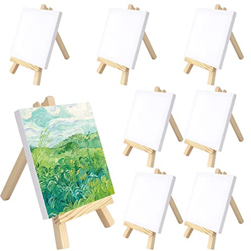 TOTSUN 8Pcs Mini Easel with Art Canvas 10x10cm, Wood Mini Easel Triangle Frame with Blank Canvas Wedding Table Card Stand Display Holder