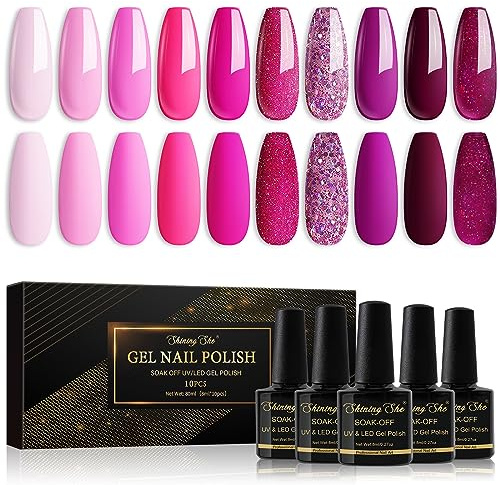 Shining She Vernis Semi Permanent, 10 Couleurs Rose Mauve Rouge-Marron Paillettes Gel UV Semi Permanent Soak Off UV/LED Vernis à Ongles Pour Salon De Manucure DIY Home, 8ml
