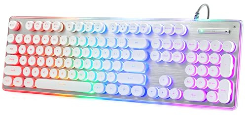 ANSWK Tangentbord för skrivmaskinsstil med USB-kabel med regnbågsfärgad LED-bakgrundsbelyst, metallpanel, tysta runda tangenter, 104 tangenter anti-ghosting, spillbeständigt, retromembran för kontor