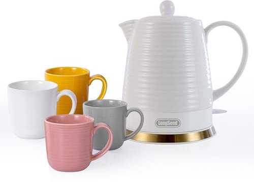LONGSEED 1.26 Quarts Ceramic Electric Kettle with Infuser & Cups Kit, Boil Water Teapot, Boil-Dry Protection Auto Shut-off, Detachable Swivel Base, 1000W Fast Boiling for Tea and Coffee