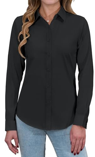 siliteelon Womens Shirts Long Sleeve Black Shirt Womens Regular Fit Women's Blouses Button Down Executive Business Casual Work Shirts for Women UK M