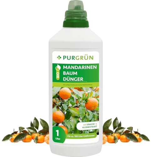 Purgrün® Bio-Mandarinenbaum-Dünger 1 Liter – Organische Rezeptur – Premium-Flüssigdünger – NPK 4+1+7 – Mit Algenextrakt & Vinasse – Extra Kalium für saftige Mandarinen
