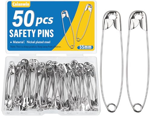 Caianwin 50 Stück Sicherheitsnadeln 55 mm Sicherheitsnadel groß mit Praktischer Box Safety Pins für Befestigen und Nähen von Kleidung und Handarbeiten, Schmuckherstellung