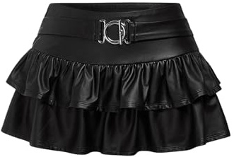 GORGLITTER Women's PU Leather Tiered Ruffle Mini Skirt Low Waist A Line Flared Gothic Skirts Black Medium