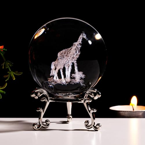 Sahoottie 60mm 3D Giraffe Crystal Ball Giraffe Gifts for Women Giraffe Ornament Animals Ornaments Glass Paperweights