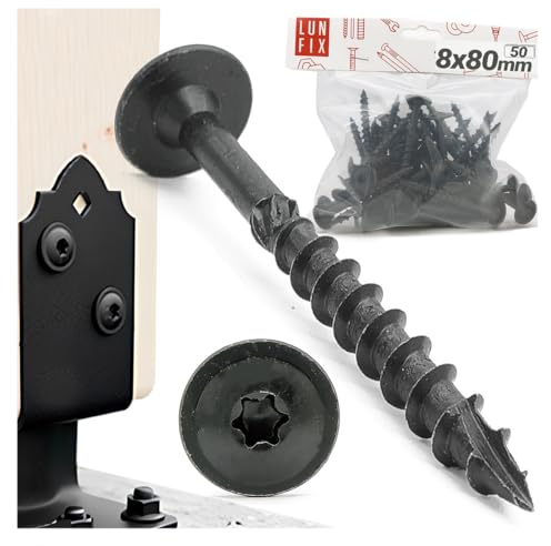 LUN FIX Vis À Bois Torx 8x80 mm Étoile, 50 Pièces, Tête Noire, Acier Zingué, Vis pour Panneaux, Support Poteau, Montage Bois, Contreplaqués, Mélaminés, Fixation Charpente Construction