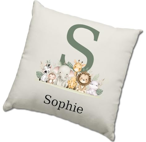 HotScamp Jungle Themed Cushion Cover - Personalised Nursery Bedroom Animal Scatter Cushion Home Accessory Pillow Newborn Baby Child's Kids Room - Name Under Initial Natural Canvas 50x50cm