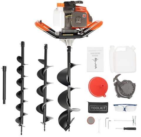 71CC Auger Post Hole Digger, 2 Stroke Gas Powered Earth Post Hole Digger with 3 Earth Drill Bits 4 & 6 & 8 + 1 Extension Rods for Farmland Garden and Plant