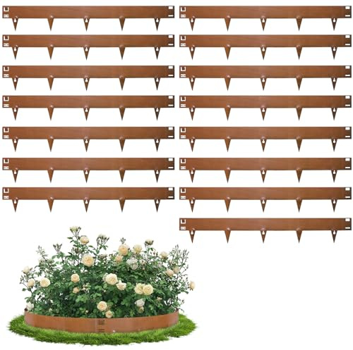 Bellanny Borde Jardin, Césped Bordes, 15Pcs 107,5L×16,5cmH Borde Paisajismo de Acero Corten Flexible, Borde de Arriates, Separadores Jardins, Bordura de Paisaje Tiras para Patio,Camino,Entrada -Marrón