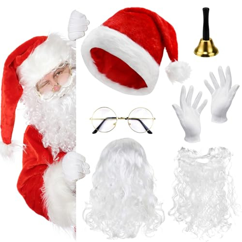 Huucozn 6 Set Costume di Babbo Natale Cappello di Natale+Barba di Babbo Nata le+Parrucca Babb o Natal e+Campanello a Mano+Occhiali+Guanti Accessori per il Costume di Babb o Nata le per Adulti
