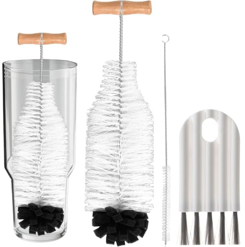 RhiVrillion Set de 3 Cepillos Limpiadores: para Botellas Altas, Pajitas y Rendijas | Cepillo para Limpiar Botellas por Dentro, Biberones y Espacios Estrechos | Limpieza Profunda y Completa