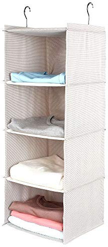BrilliantJo Hanging Closet Organizer for Clothes Sweaters Advanced cloth 4 shelves Hanging Wardrobe Storage Shelves, Beige Check Washable(31.5 * 12 * 12 inch)