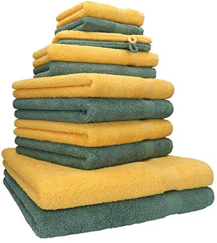Betz Premium Handtuch-Set 12-teilig – 100% Baumwolle – Oeko-TEX® Zertifiziert – hohe Grammatur – Duschtücher, Handtücher, Gästetücher & Waschhandschuhe - Farbe honiggelb/tannengrün