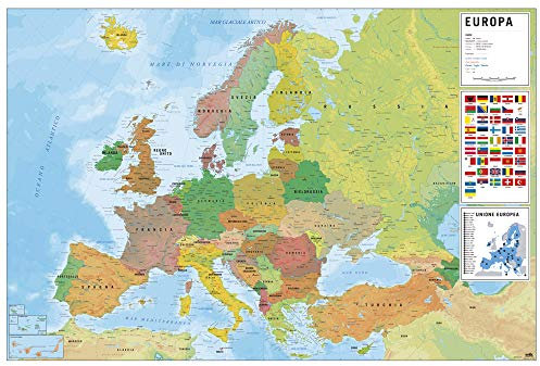 Grupo Erik: Cartina Geografica Europa 61 x 91,5 cm, Mappa Europa da parete in Italiano, Carta Politica Europa grande da Parete