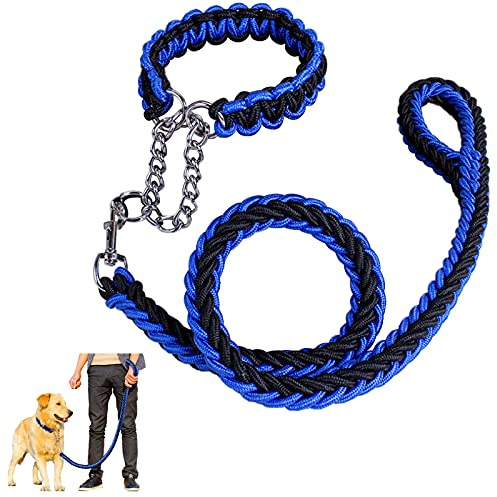 Dog Rope Heavy Duty Dog Woven Leash Collar Set Nylon Eight Strand Braided Lead Pet Walking Training Rope Non-slip Handle Collar for Small Medium Large Dogs (Black+Blue, XL)