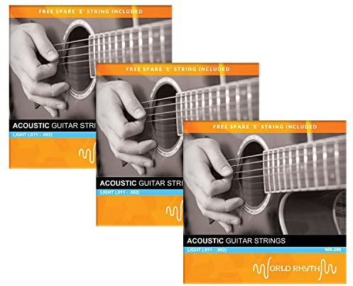 World Rhythm - Corde per chitarra acustica, leggere (.011 - .052) con corde di ricambio alte 'e', confezione da 3