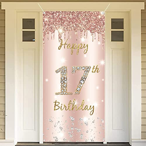 17. Geburtstag Mädchen Deko, Happy 17 Birthday Roségold Stoff Schild Plakat Türdekoration Banner, 17. Geburtstag Hintergrund Banner Geburtstagsfeier Deko