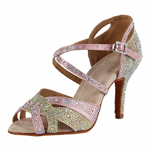 Syrads Zapatos de Baile Latino para Mujer Zapatos de Baile de salón Brillantes para Mujer Salsa y Bachata Zapatos de Diamantes de imitación Zapatos de Baile de salón,Oro 8.5cm Heel,40 EU