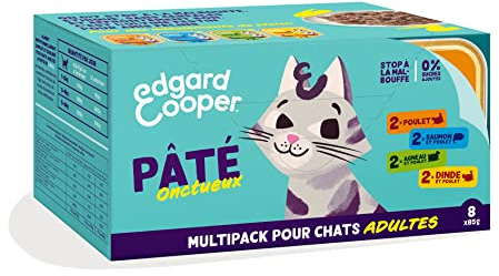 Edgard & Cooper Boite Paté Chat sans Cereales Nourriture Naturelle, Alimentation Saine savoureuse et équilibrée, Protéines de qualité supérieure (Multipack, NEW - 85g x 8 - Poulet/Saumon/Dinde/Agneau)