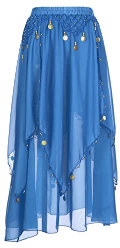 iiniim Falda Danza del Vientre con Borla Lentejuelas Brillante Mujer Falda Larga Gasa Irregular para Adulto Ropa de Rendimiento Cintura Alta Fiesta Actuación A Cielo Azul Talla única