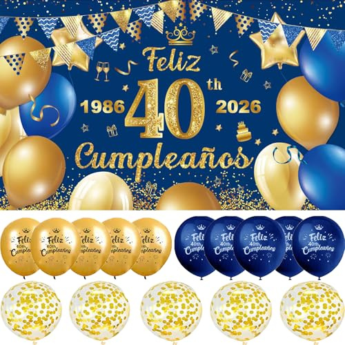 Decoración para Cumpleaños 40 en Español - Pancarta Feliz Cumpleaños, Fondo Cartel, 15 Globos - Kit de Adornos Azul y Oro para 40 Años - Happy Birthday
