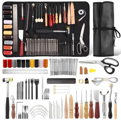 Nicpro 85-teiliges Leder Nähset, Sewing Kit mit individueller Aufbewahrungstasche, für Erwachsene, Lederwerkzeug Grundausstattung zum Stanzen, Nähen, Schnitzen, Schneiden, Stanzen, Lederbearbeitung