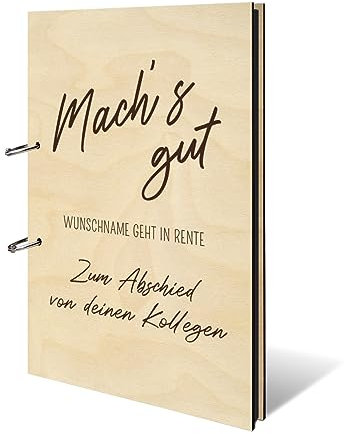 Personalisiertes Abschied Fotoalbum echtes Holz DIN A4 Rente Erinnerungsbuch mit Lasergravur - Machs Gut - mit 25 Blatt / 50 Seiten Fotokarton Schwarz