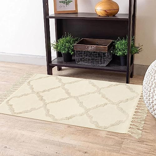 LINROMIA Teppich Klein 60x90 cm, Boho Beige Getuftet Baumwollteppich mit Gewebt Quasten, Waschbarer Teppich für Badezimmer Küche Wohnzimmer Schlafzimmer Flur Esszimmer