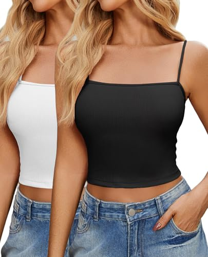 Ekouaer Pack de 2 Camisetas Sin Mangas para Mujer Top Corto Sexy de Verano Camisola Básica Tank Top Corto Informal de Espagueti Y2k Negro + Blanco S